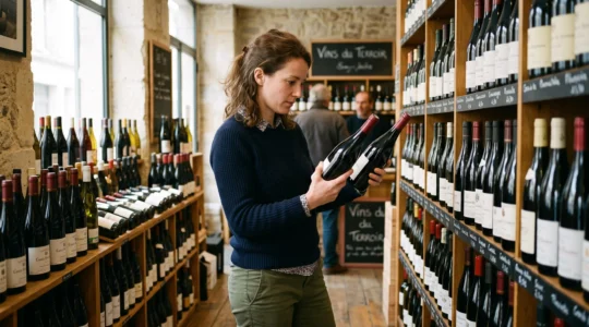 Une femme comparant les étiquettes de deux bouteilles de vin rouge dans une cave à vin en France.