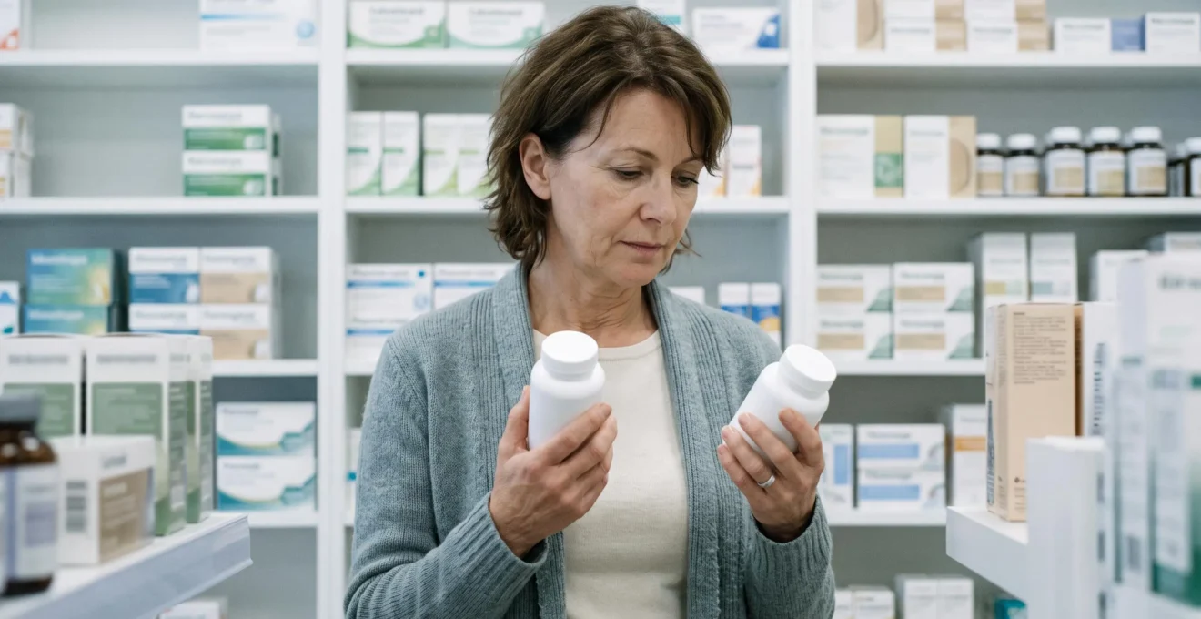 Une femme compare deux flacons de compléments alimentaires devant un rayonnage de pharmacie.