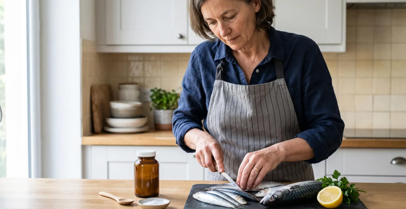 Une femme prépare des sardines fraîches sur un plan de travail de cuisine, à côté d'un flacon d'huile de poisson.