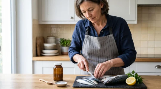 Une femme prépare des sardines fraîches sur un plan de travail de cuisine, à côté d'un flacon d'huile de poisson.