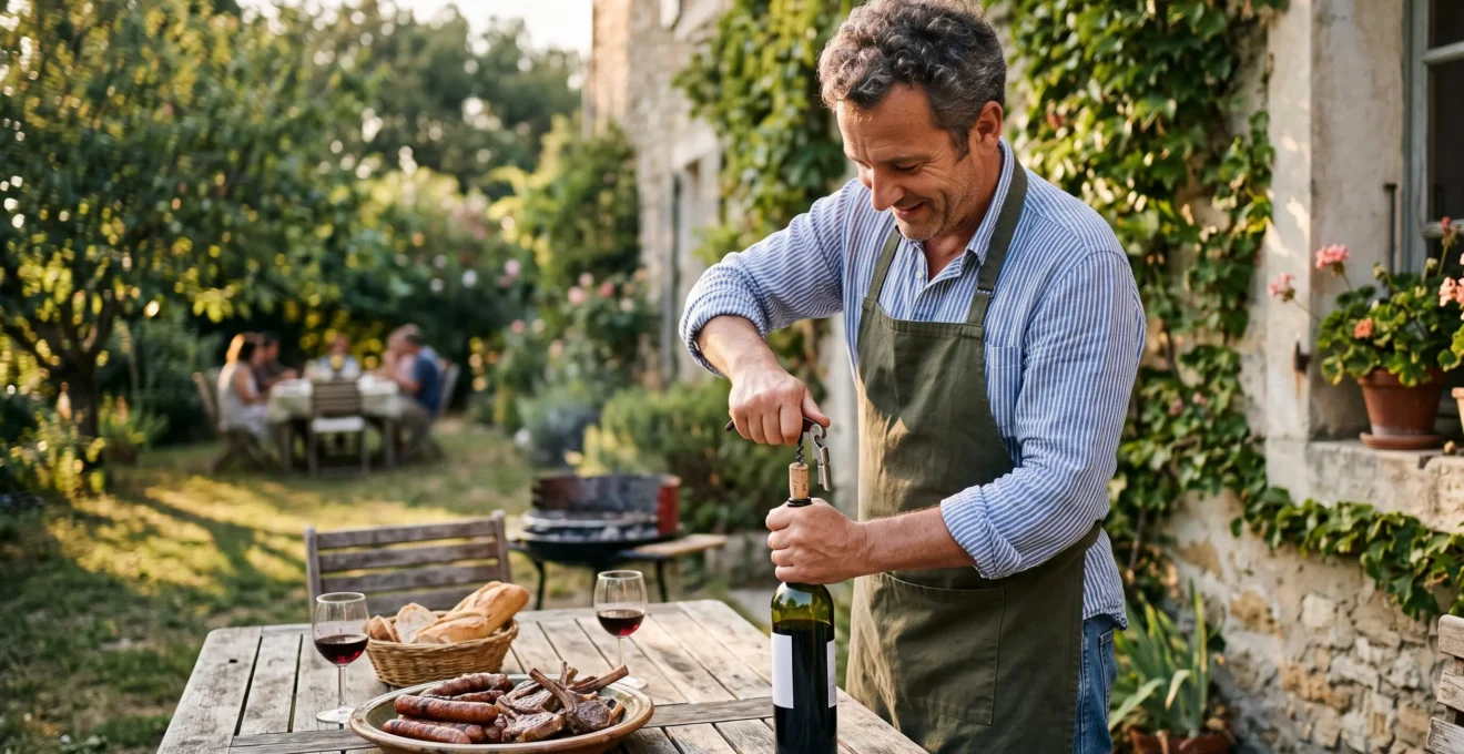 Un homme ouvrant une bouteille de vin rouge avec un tire-bouchon à côté d'un plat de grillades sur une table de jardin.