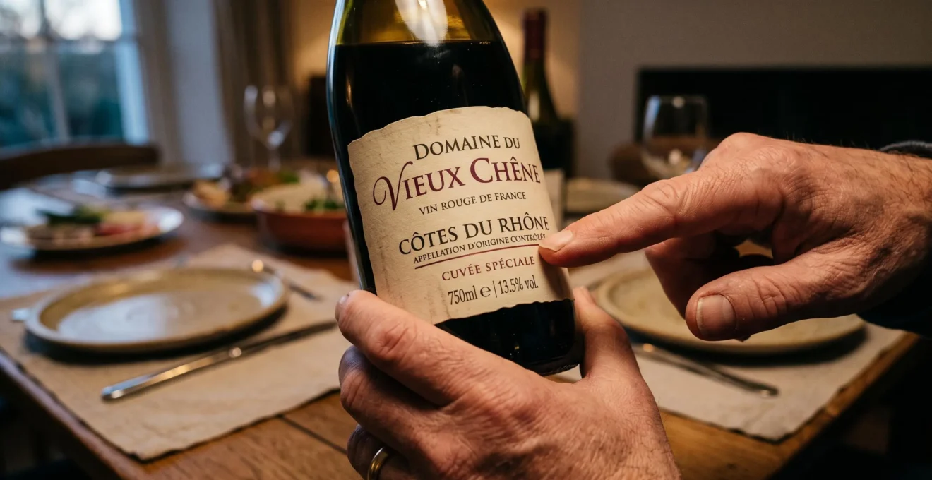 Gros plan sur une main pointant l'appellation sur l'étiquette d'une bouteille de vin rouge.