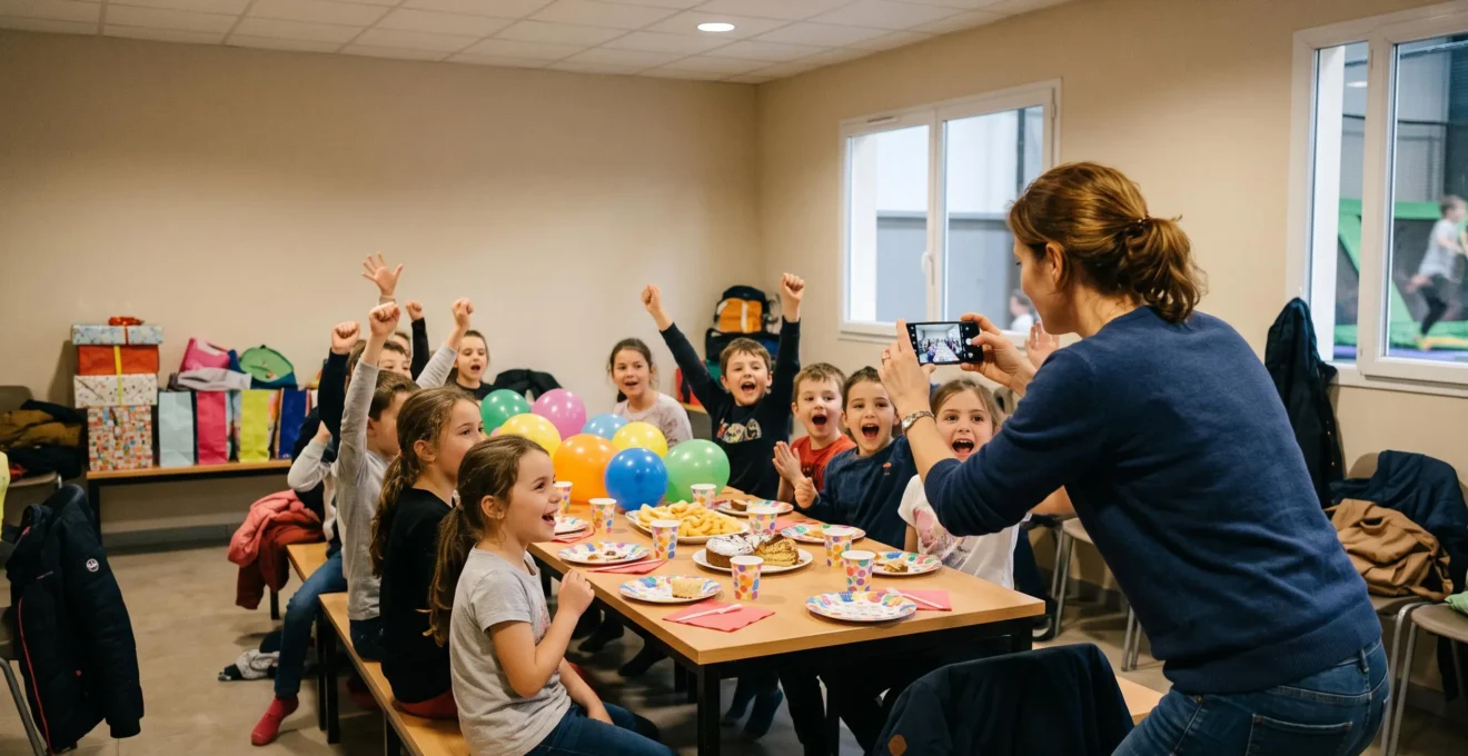 Un parent photographie avec son téléphone des enfants réunis autour de la table du goûter d'anniversaire dans un parc de loisirs.