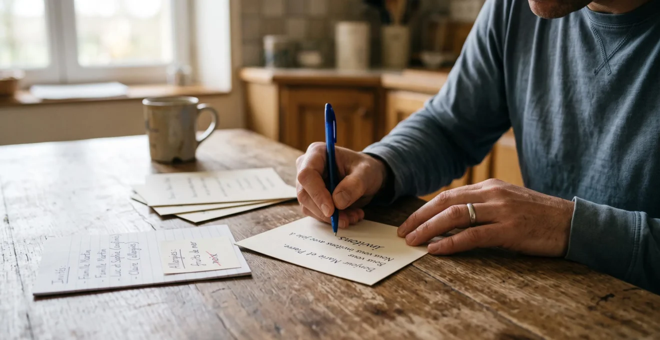 Une personne rédige des cartes d'invitation d'anniversaire à une table, avec une note sur les allergies des invités.