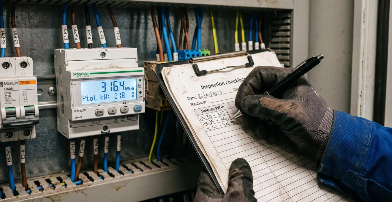 Technicien enregistrant des données de consommation énergétique depuis un compteur numérique dans un local technique industriel