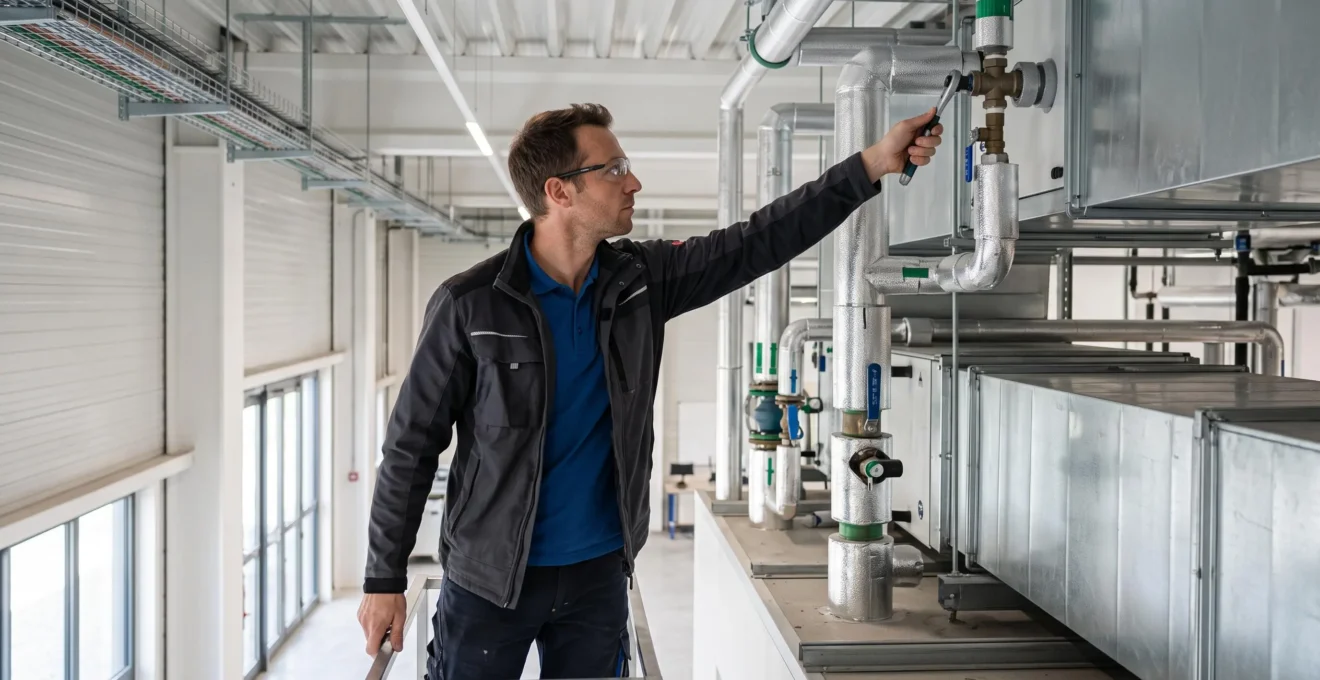 Technicien vérifiant l'installation d'équipements économes en énergie dans une installation industrielle française